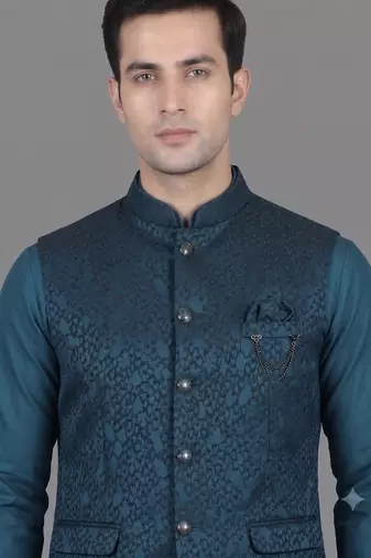 Teal blue geometric jacquard nehru jacket for men