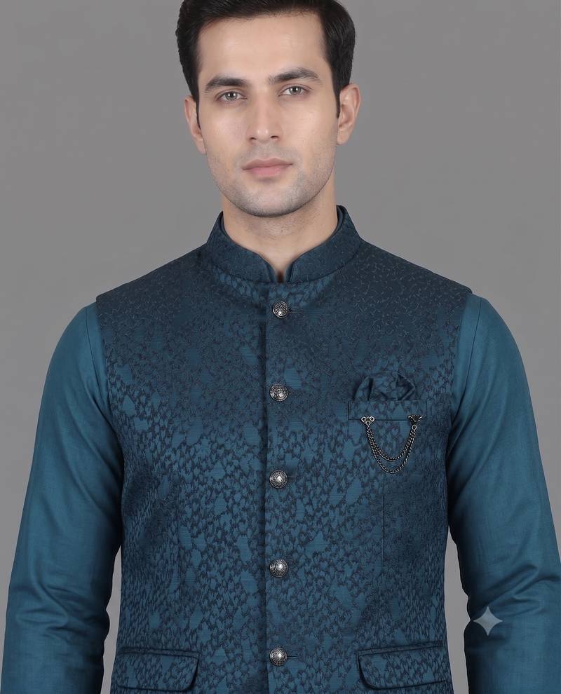 Teal blue geometric jacquard nehru jacket for men