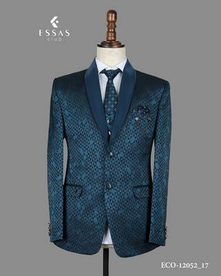 Teal blue geometric jacquard nehru jacket for men 3