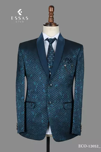 Teal blue geometric jacquard nehru jacket for men
