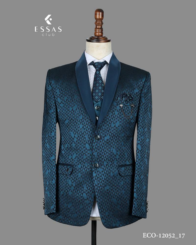 Teal blue geometric jacquard nehru jacket for men