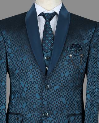 Teal blue geometric jacquard nehru jacket for men 4