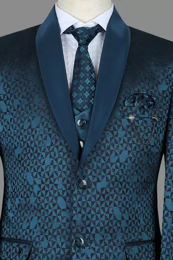 Teal blue geometric jacquard nehru jacket for men