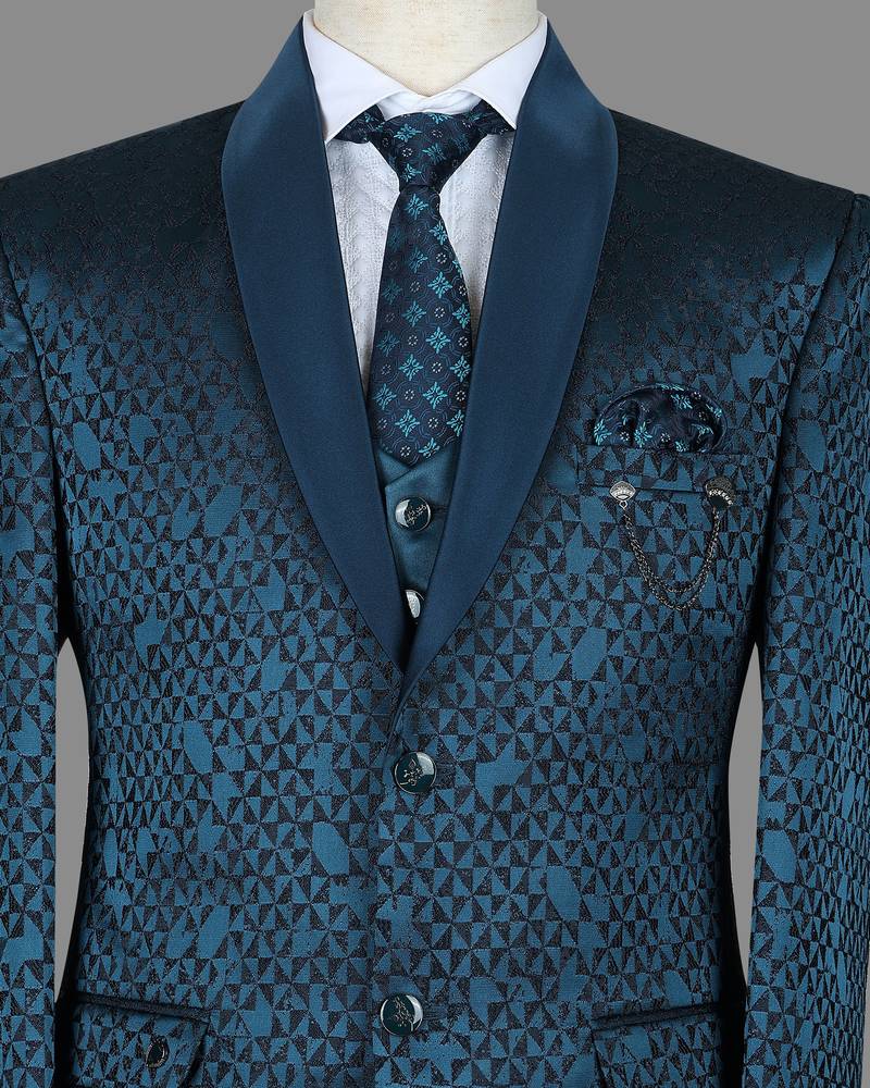 Teal blue geometric jacquard nehru jacket for men