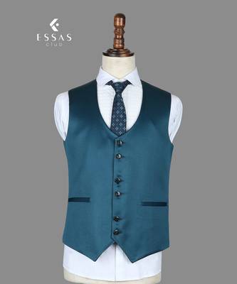 Teal blue geometric jacquard nehru jacket for men 5