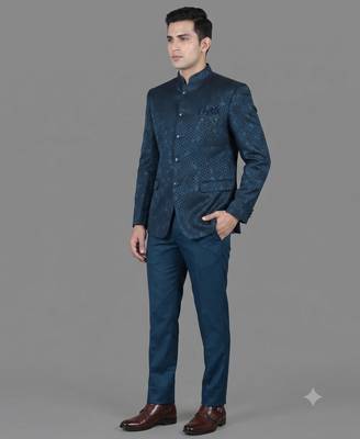 Teal blue geometric jacquard bandhgala suit for men 1