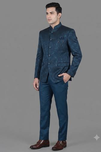 Teal blue geometric jacquard bandhgala suit for men