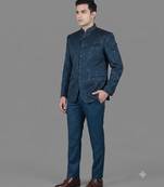 Teal blue geometric jacquard bandhgala suit for men