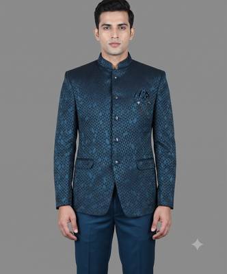 Teal blue geometric jacquard bandhgala suit for men 2