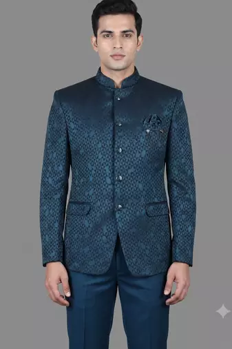 Teal blue geometric jacquard bandhgala suit for men