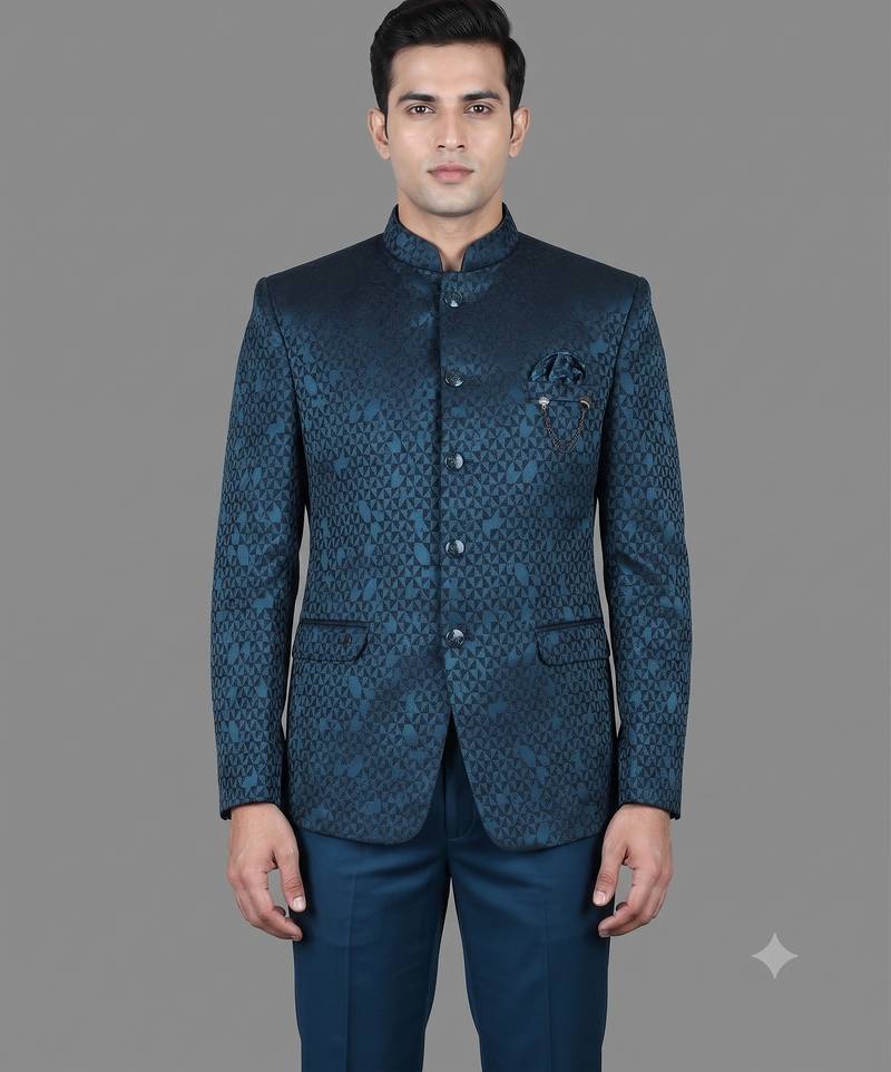 Teal blue geometric jacquard bandhgala suit for men