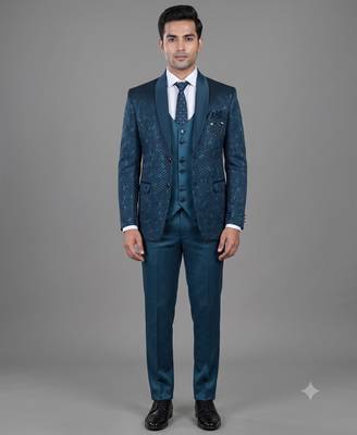 Teal blue geometric jacquard designer tuxedo for men 1