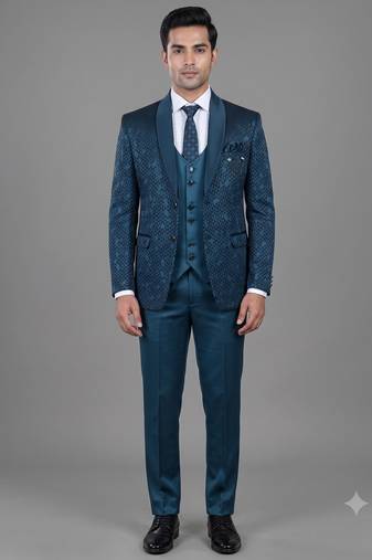 Teal blue geometric jacquard designer tuxedo for men