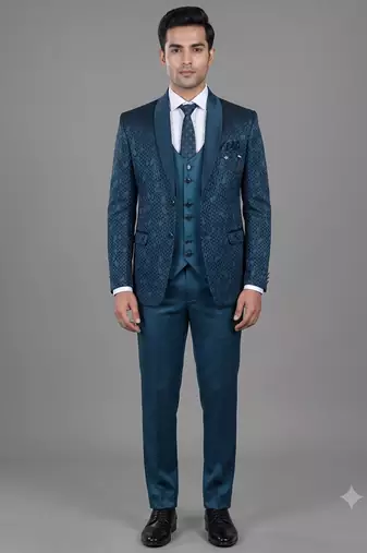 Teal blue geometric jacquard designer tuxedo for men