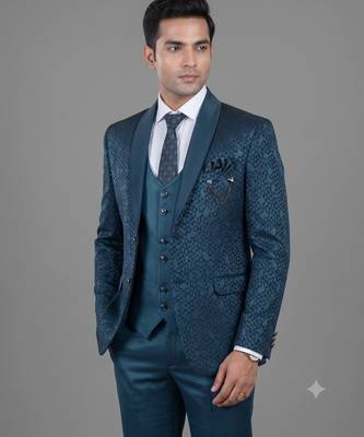 Teal blue geometric jacquard designer tuxedo for men 2