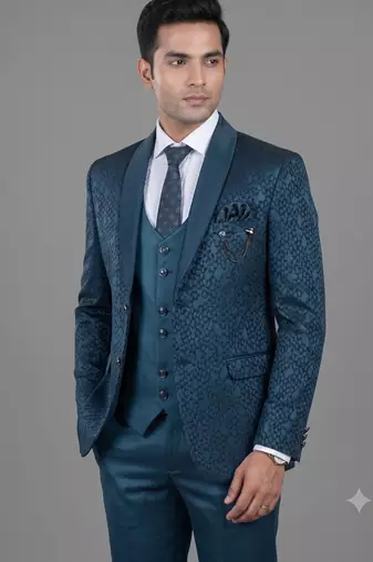 Teal blue geometric jacquard designer tuxedo for men