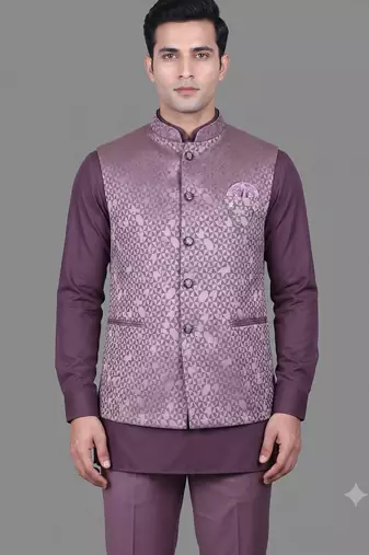 Lavender geometric jacquard nehru jacket for men