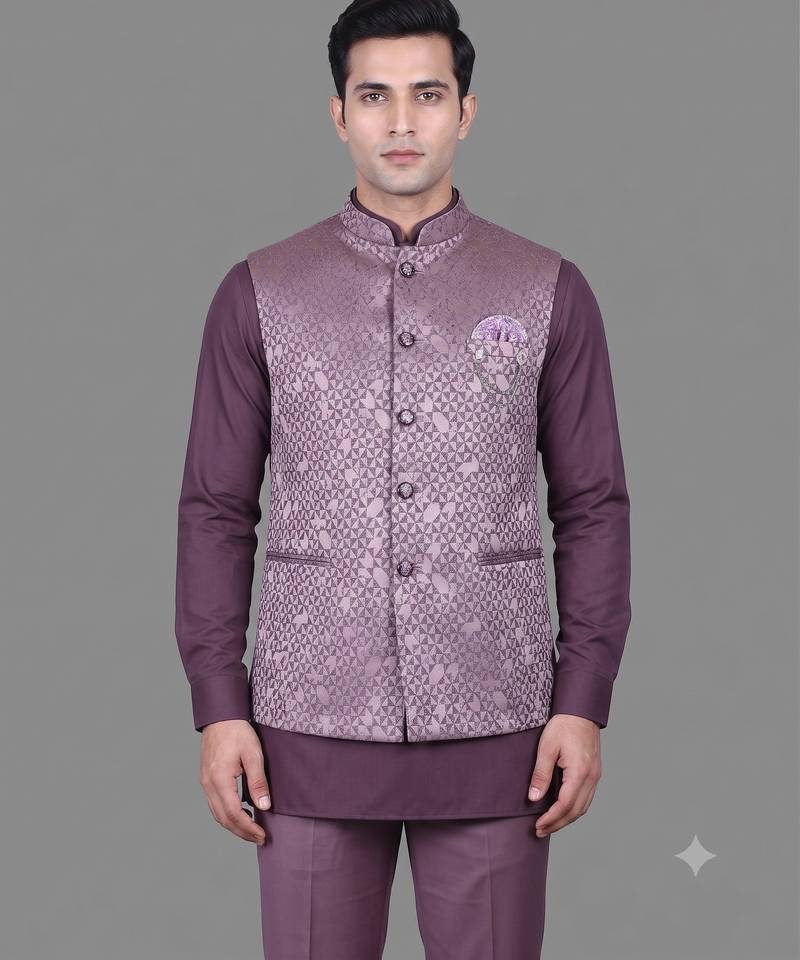 Lavender geometric jacquard nehru jacket for men