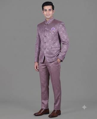 Lavender geometric jacquard bandhgala suit for men 1