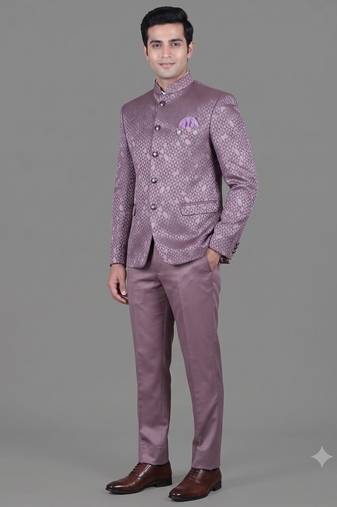 Lavender geometric jacquard bandhgala suit for men