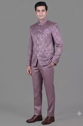 Lavender geometric jacquard bandhgala suit for men