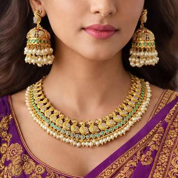 Peacock Temple Jewelry Set | Gold Plated Emerald Pearl Guttapusalu Choker Necklace Jhumka 1