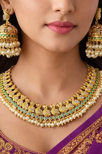 Peacock Temple Jewelry Set | Gold Plated Emerald Pearl Guttapusalu Choker Necklace Jhumka