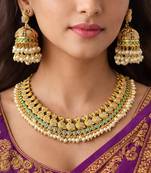 Peacock Temple Jewelry Set | Gold Plated Emerald Pearl Guttapusalu Choker Necklace Jhumka