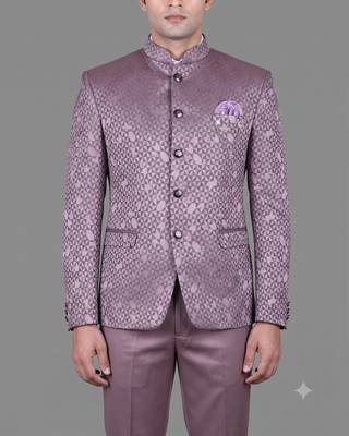 Lavender geometric jacquard bandhgala suit for men 2