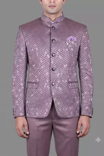 Lavender geometric jacquard bandhgala suit for men