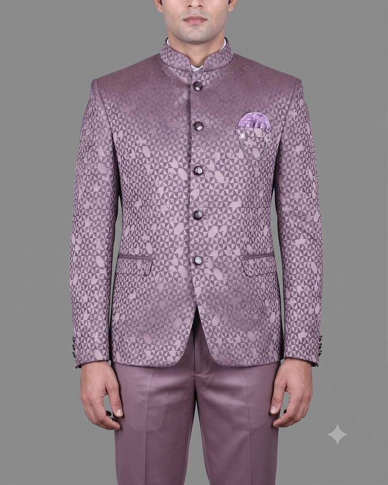 Lavender geometric jacquard bandhgala suit for men