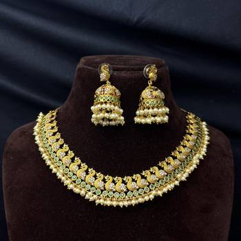 Peacock Temple Jewelry Set | Gold Plated Emerald Pearl Guttapusalu Choker Necklace Jhumka 2