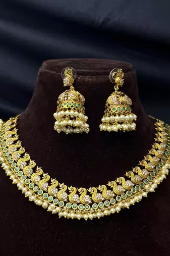 Peacock Temple Jewelry Set | Gold Plated Emerald Pearl Guttapusalu Choker Necklace Jhumka