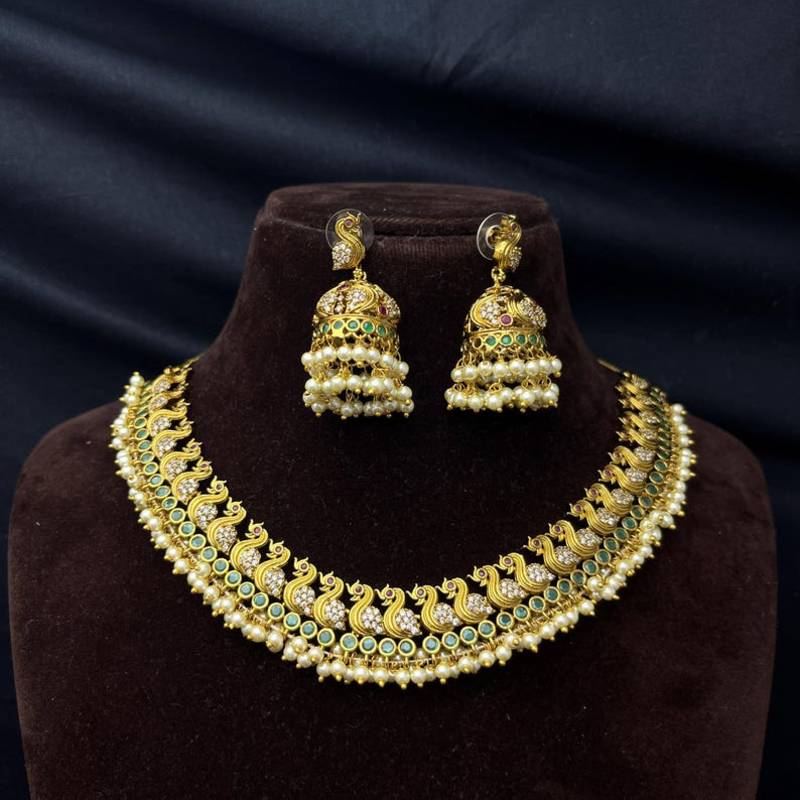 Peacock Temple Jewelry Set | Gold Plated Emerald Pearl Guttapusalu Choker Necklace Jhumka