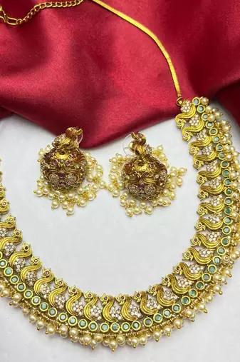 Peacock Temple Jewelry Set | Gold Plated Emerald Pearl Guttapusalu Choker Necklace Jhumka