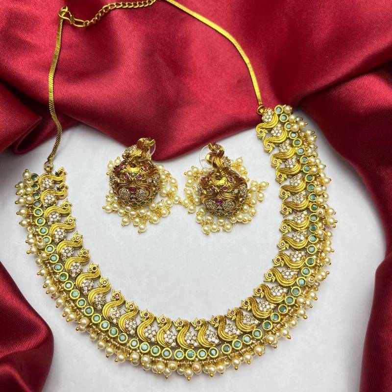 Peacock Temple Jewelry Set | Gold Plated Emerald Pearl Guttapusalu Choker Necklace Jhumka