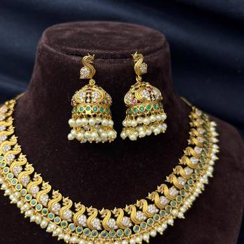 Peacock Temple Jewelry Set | Gold Plated Emerald Pearl Guttapusalu Choker Necklace Jhumka 4