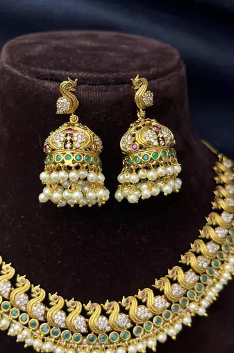 Peacock Temple Jewelry Set | Gold Plated Emerald Pearl Guttapusalu Choker Necklace Jhumka