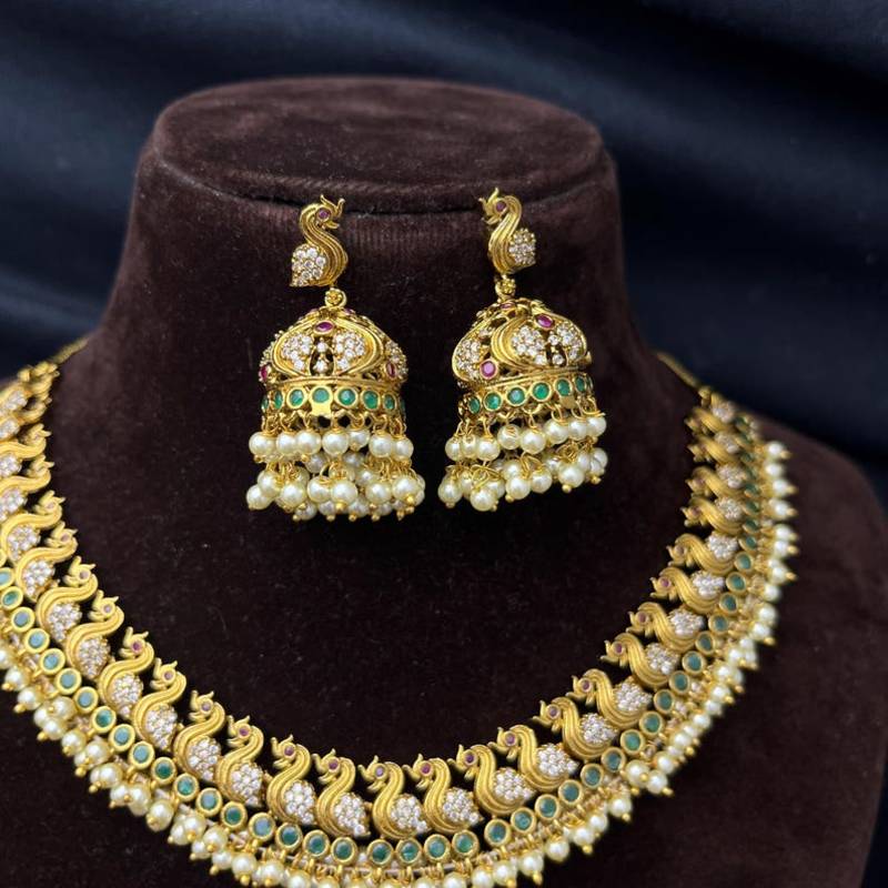 Peacock Temple Jewelry Set | Gold Plated Emerald Pearl Guttapusalu Choker Necklace Jhumka