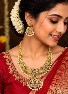 South Indian Peacock Bridal Necklace Set, Temple Jewelry with Earrings 1