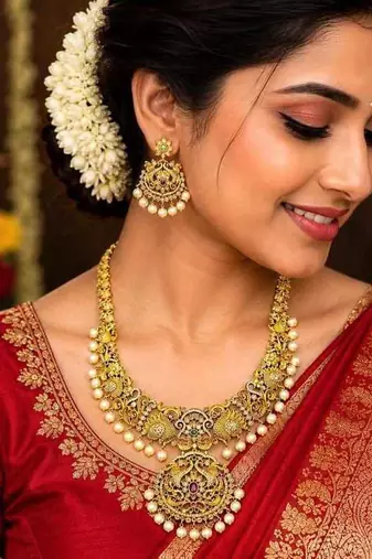South Indian Peacock Bridal Necklace Set, Temple Jewelry with Earrings