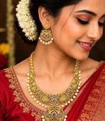 South Indian Peacock Bridal Necklace Set, Temple Jewelry with Earrings