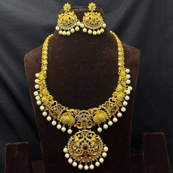 South Indian Peacock Bridal Necklace Set, Temple Jewelry with Earrings 2