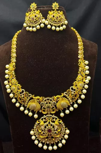 South Indian Peacock Bridal Necklace Set, Temple Jewelry with Earrings