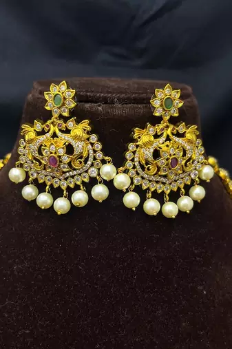 South Indian Peacock Bridal Necklace Set, Temple Jewelry with Earrings