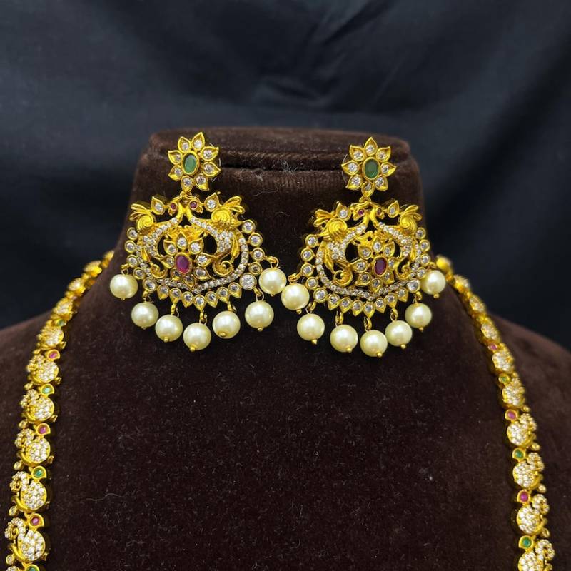 South Indian Peacock Bridal Necklace Set, Temple Jewelry with Earrings