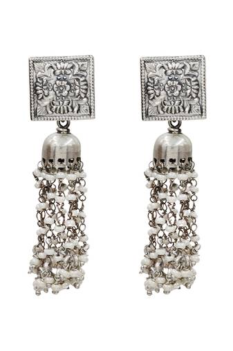 Silver plated heritage tassel oxidised jhumka earrings