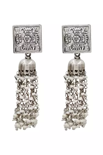 Silver plated heritage tassel oxidised jhumka earrings