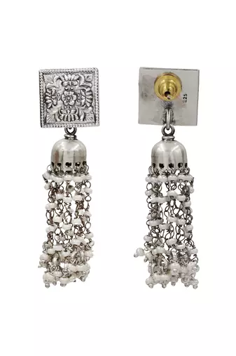 Silver plated heritage tassel oxidised jhumka earrings