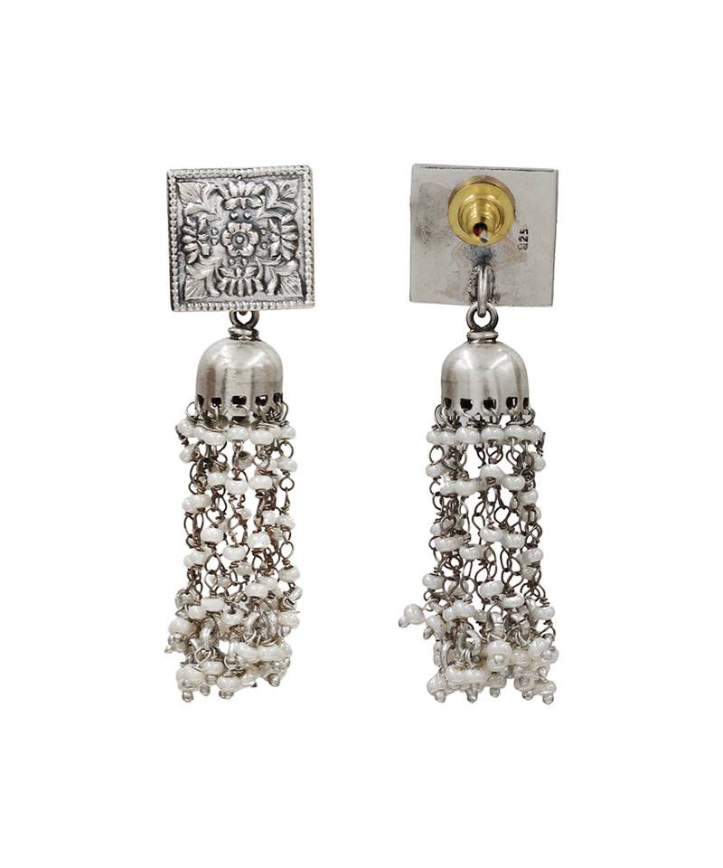 Silver plated heritage tassel oxidised jhumka earrings